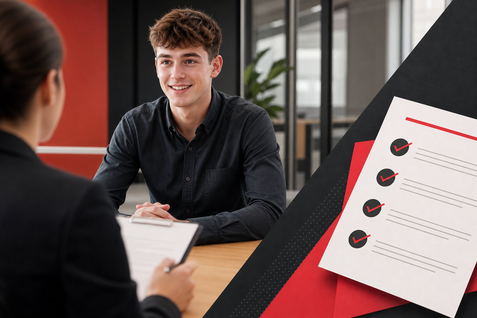 Career starter candidate in an Australian interview with checklist graphics