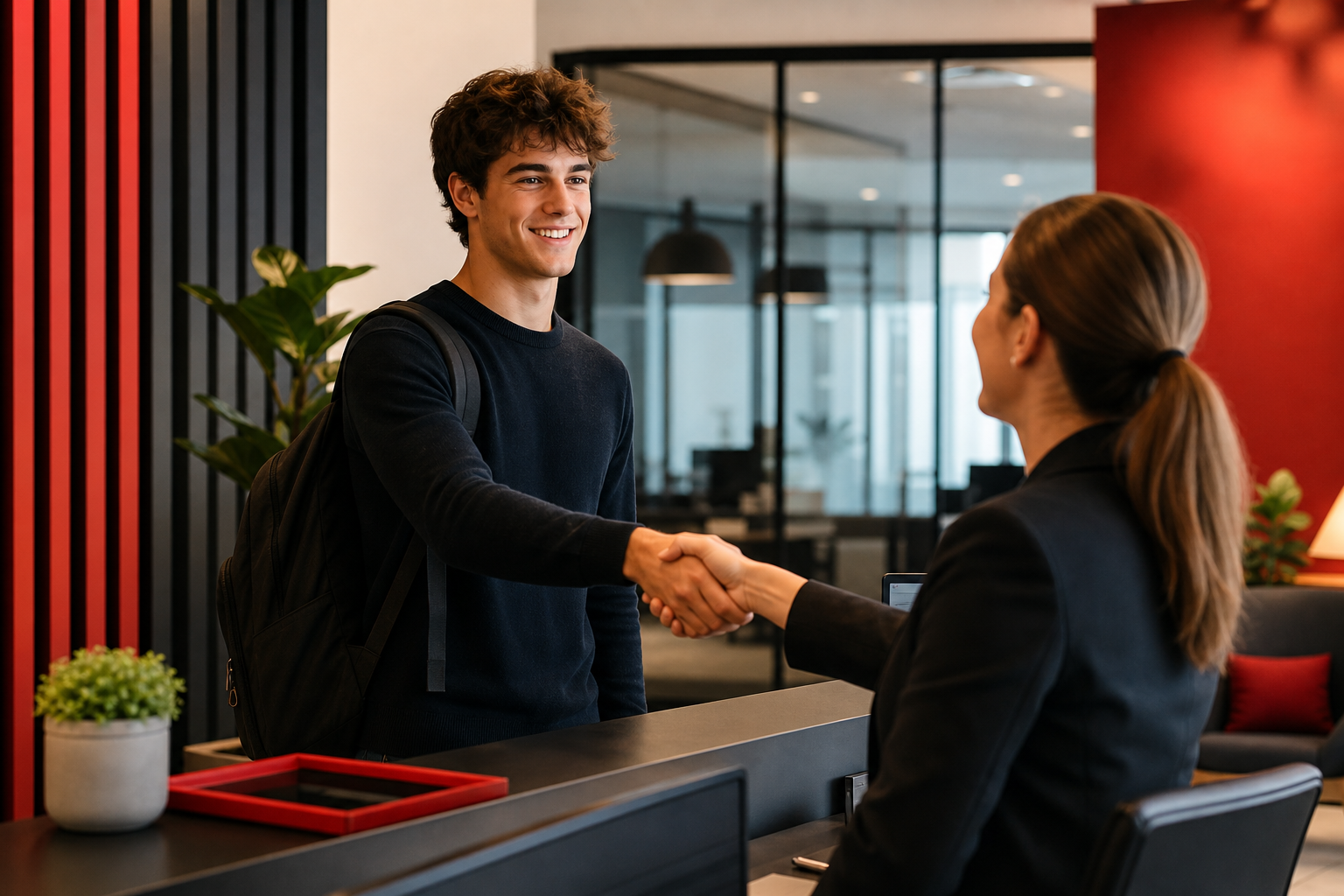 Career starter greeting an interviewer in a modern Australian office reception