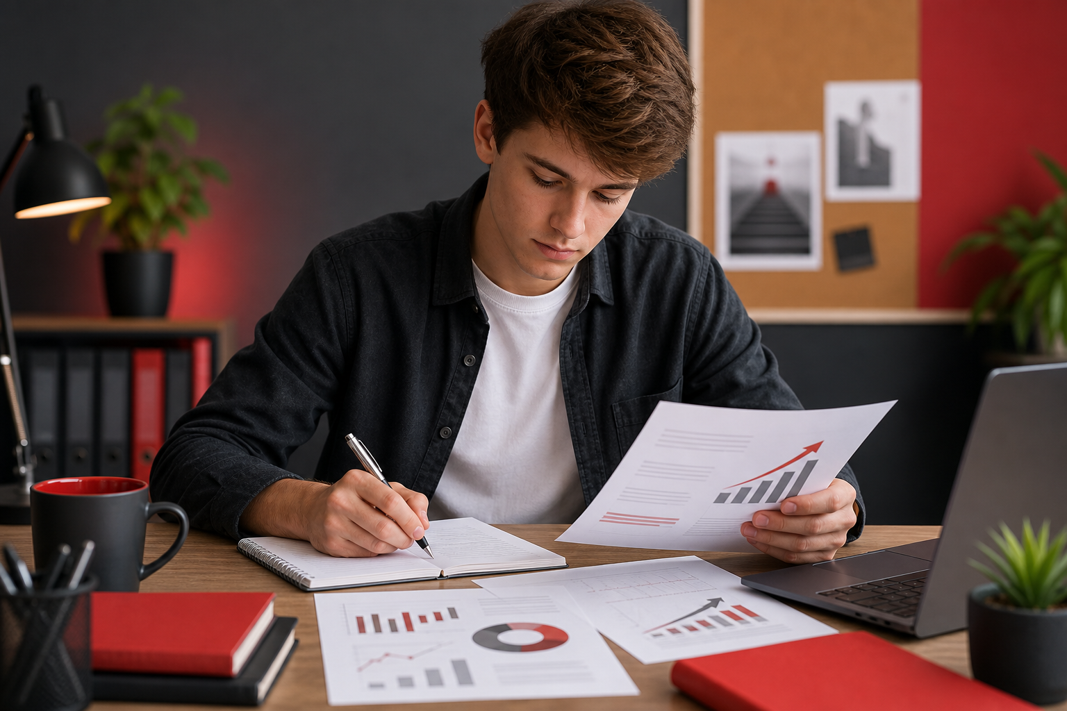 Career starter preparing for an interview with role notes and growth graphics